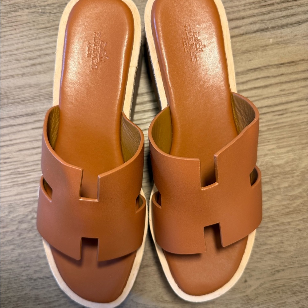 Hermes Brown Leather Sandals with Signature H Design